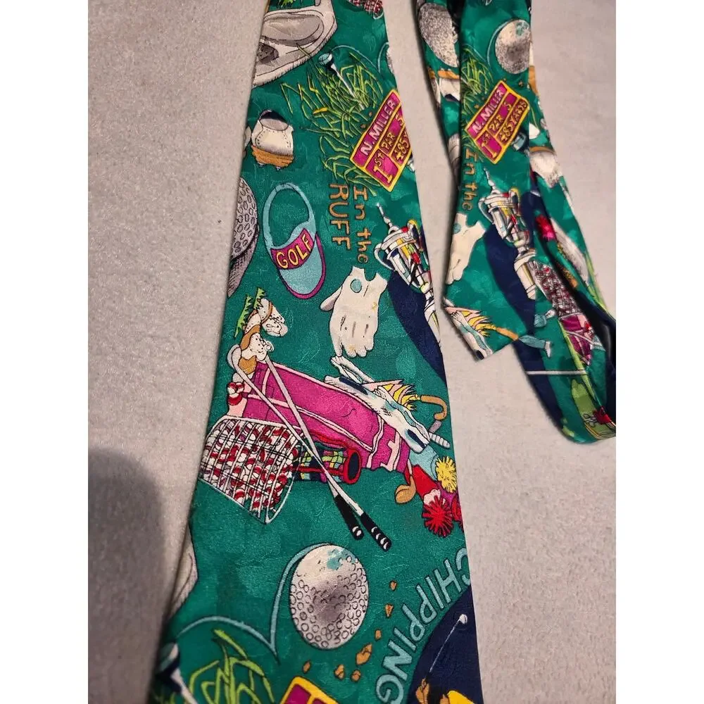 Nicole Miller Golf Tie Silk Green Novelty Necktie Golfer In The Ruff 1993 Mens